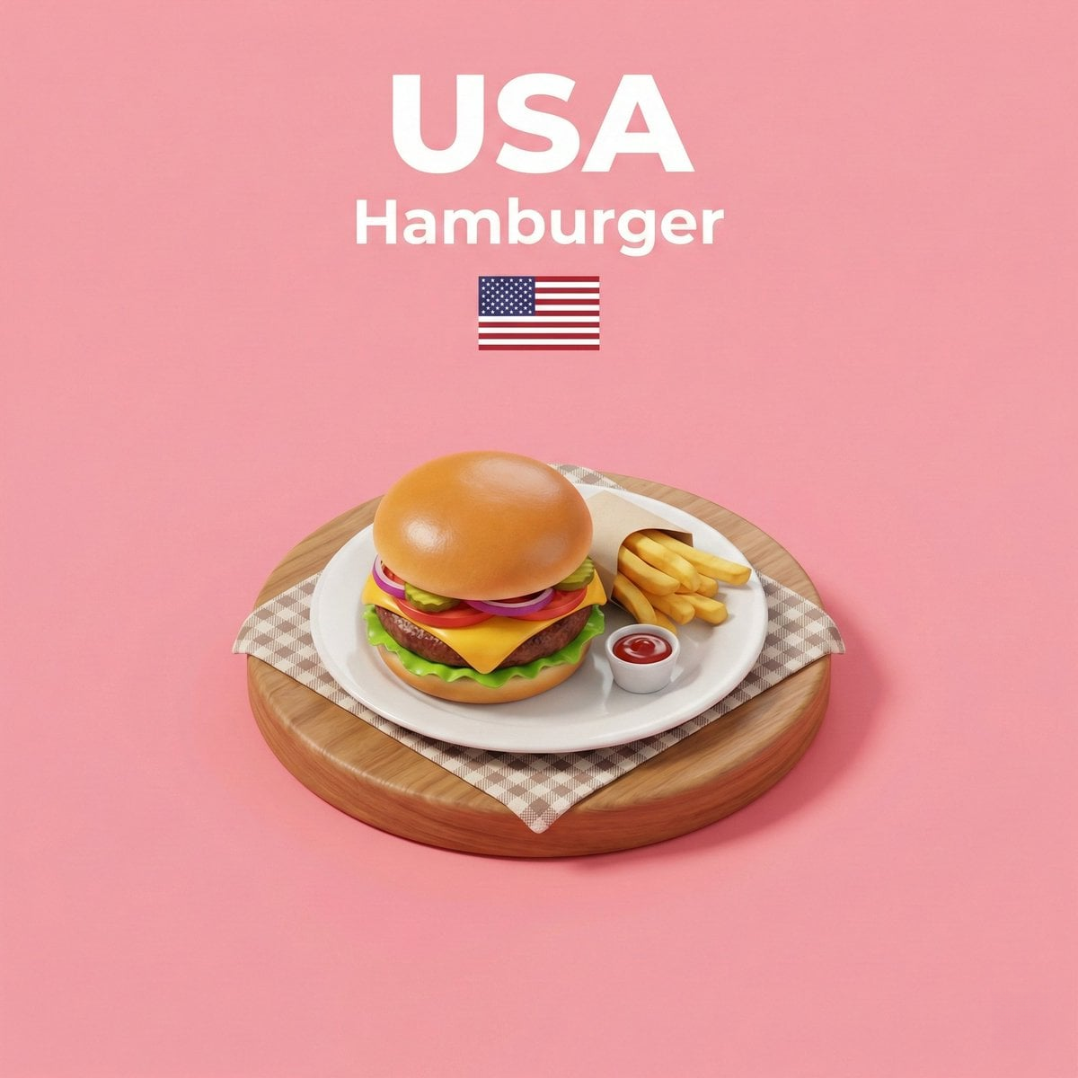 A top-down view of a beautifully crafted miniature diorama featuring a signature dish from a country, set against a solid color background.