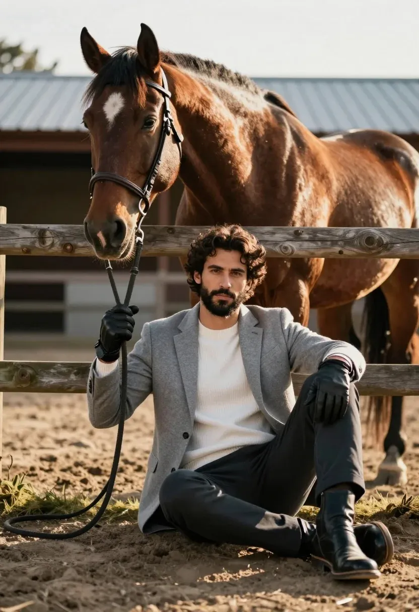 Handsome Man With Dark Curly Hair And Beard Sits The