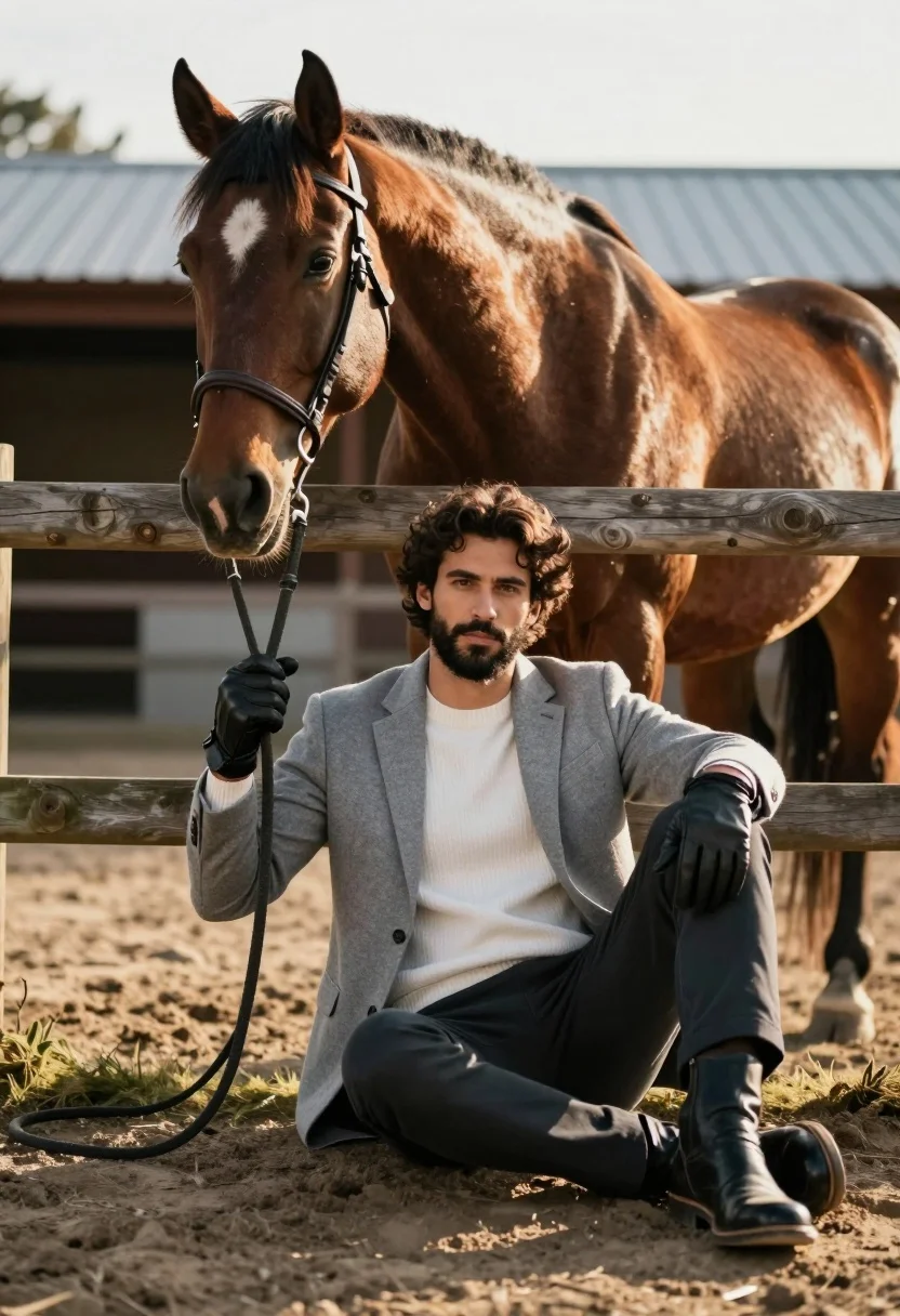Handsome Man With Dark Curly Hair And Beard Sits The