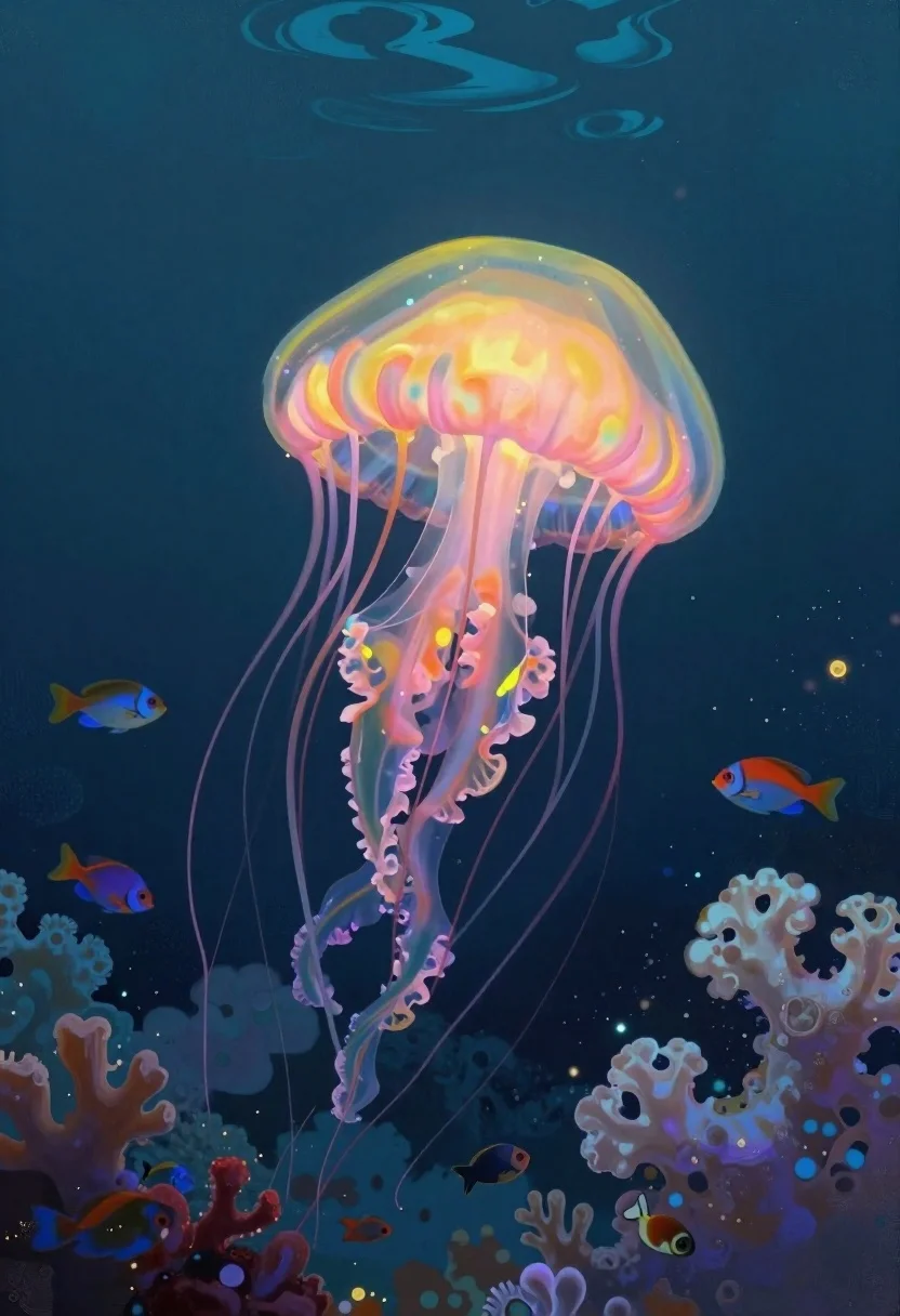 Subject Massive Bioluminescent Jellyfish With Vibrant Yellow And Pink Bell reference photo