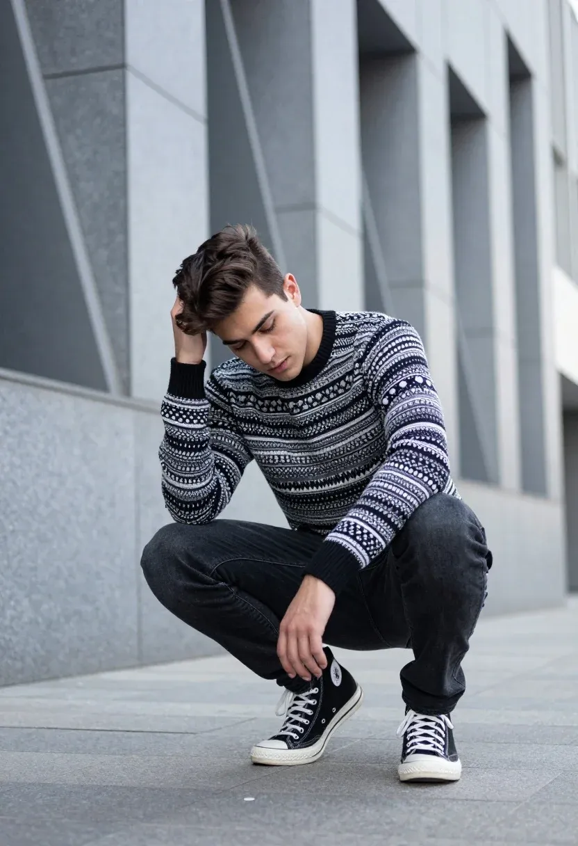 Man Crouching Modern Urban Setting With Geometric Architectural Lines Behind