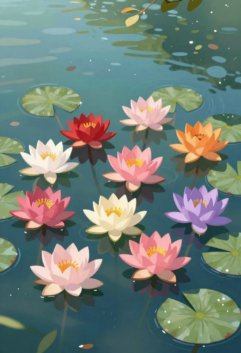 Digital Painting Vibrant Pond Filled With Colorful Lotus Flowers And