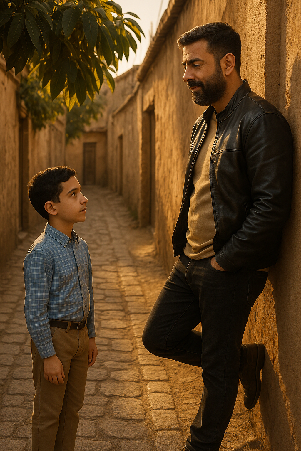A photorealistic image of an adult meeting his childhood self under a mango tree in a nostalgic alley, featuring warm golden hour sunlight.