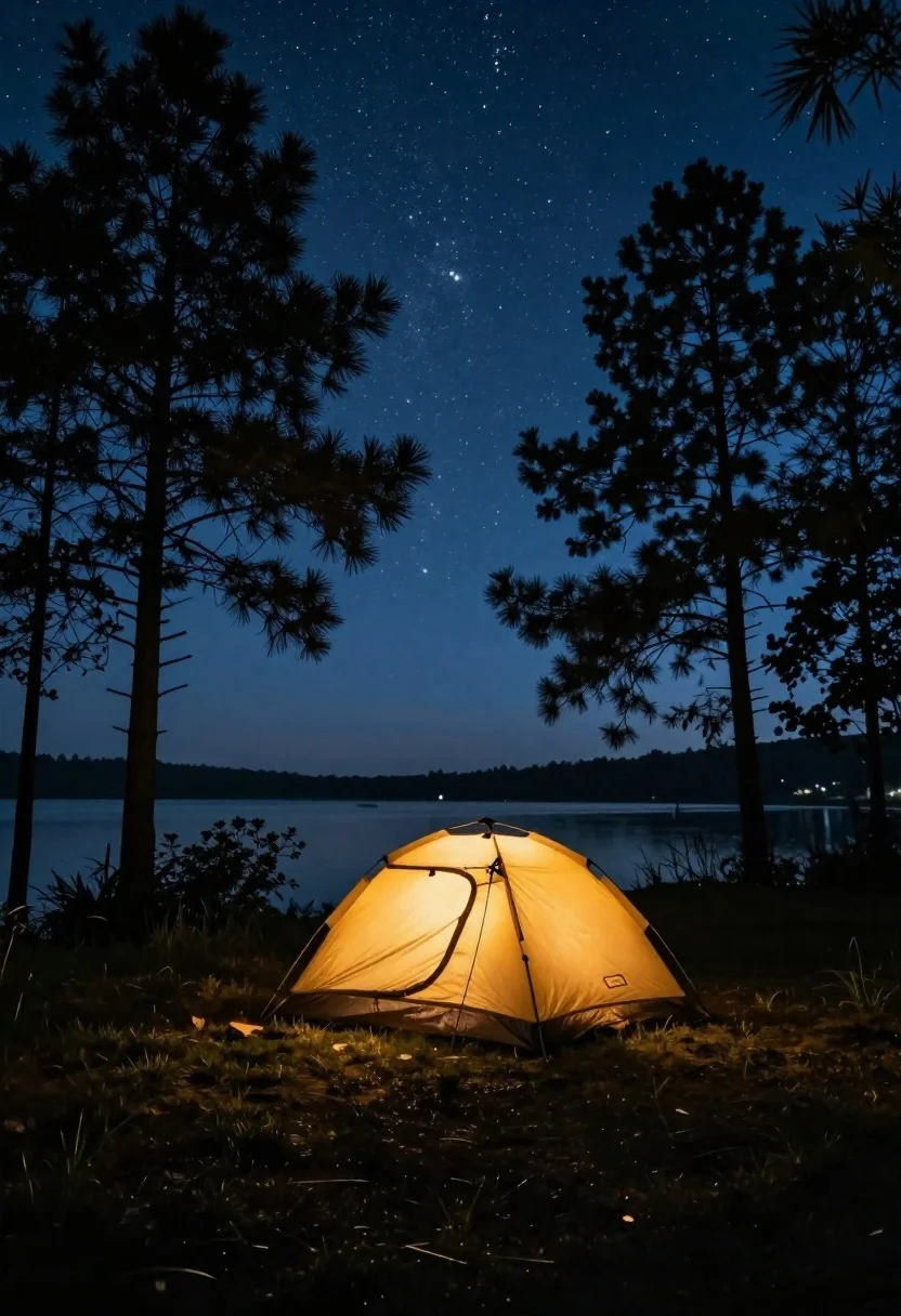 Solitary Camping Tent Glowing With Warm Interior Light Sits Nestled
