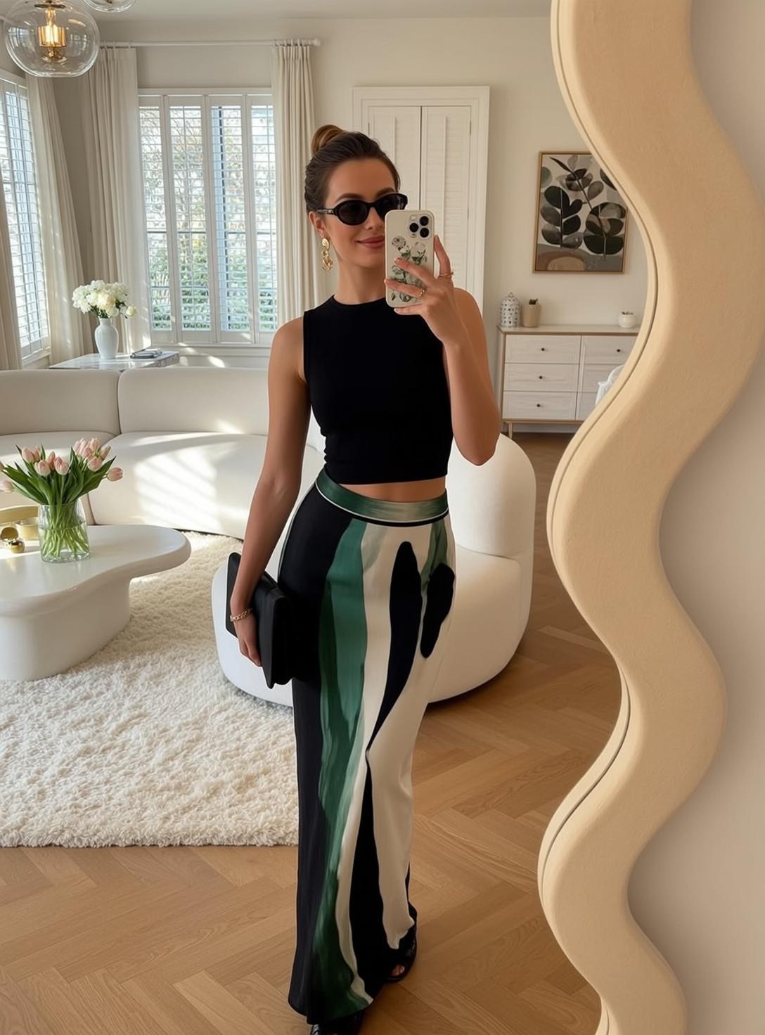 Black Crop Top And Printed Skirt Taking Selfie