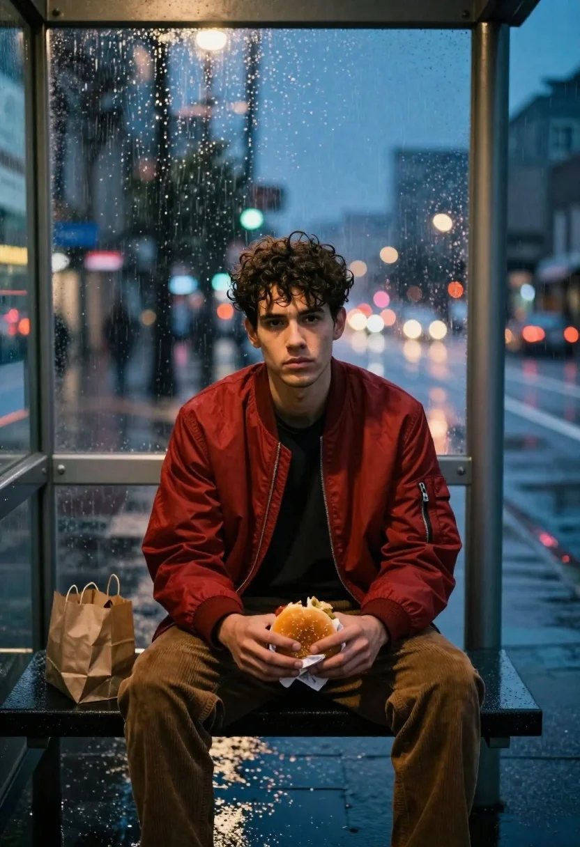A young man sitting alone at a bus stop shelter, holding a burger while rain cascades down, illuminated by warm artificial lights.