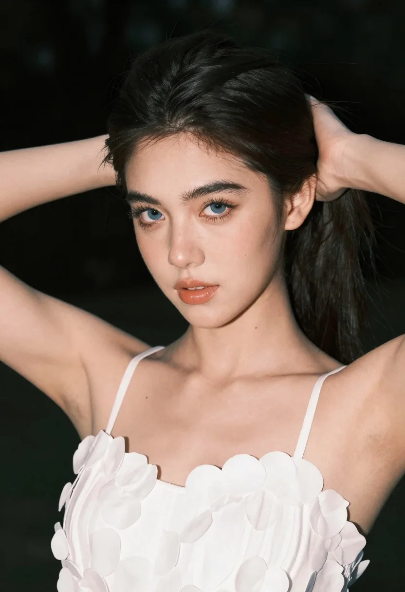 Close-up Portrait Young Woman With Dark Hair Pulled Back And reference photo