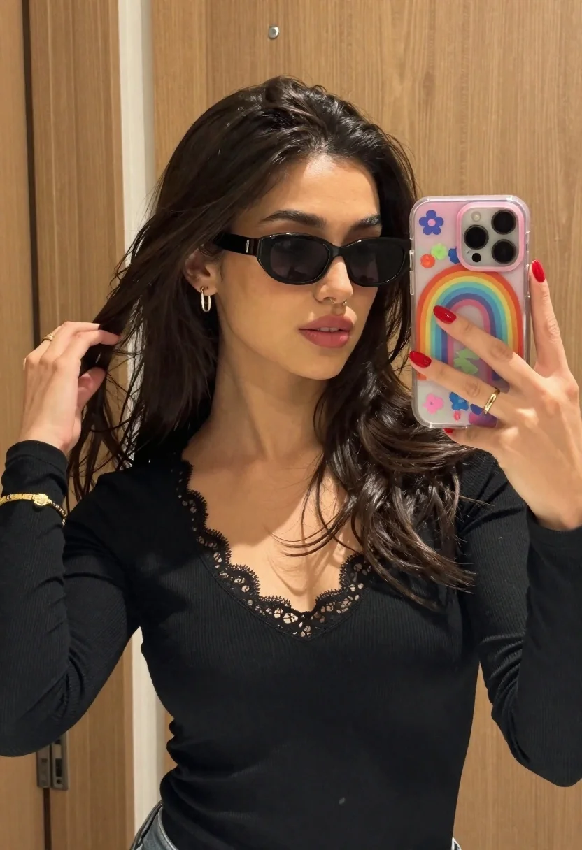 Woman Takes Mirror Selfie While Holding Her Phone With One reference photo