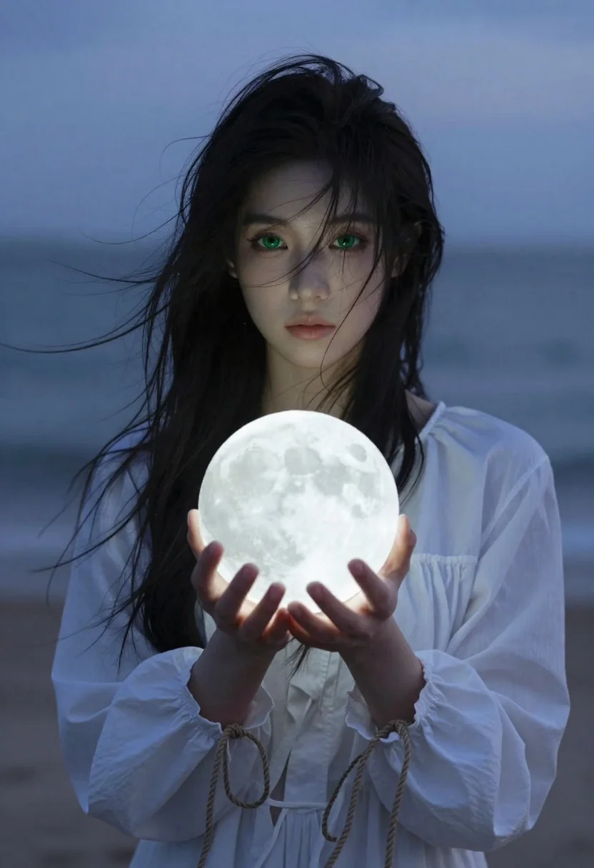 Mystical Woman With Long Dark Hair Holds Glowing Full Moon