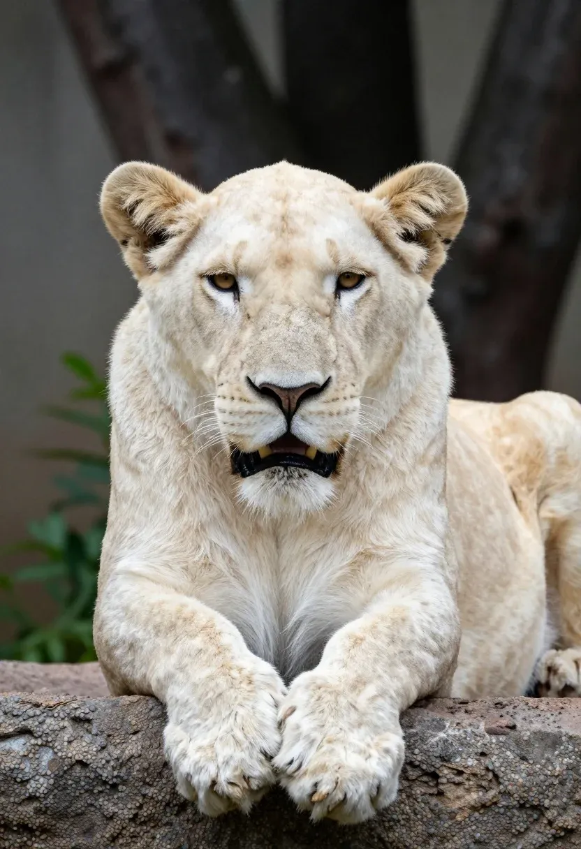 Majestic White Lioness Rests With Her Front Paws Draped Over