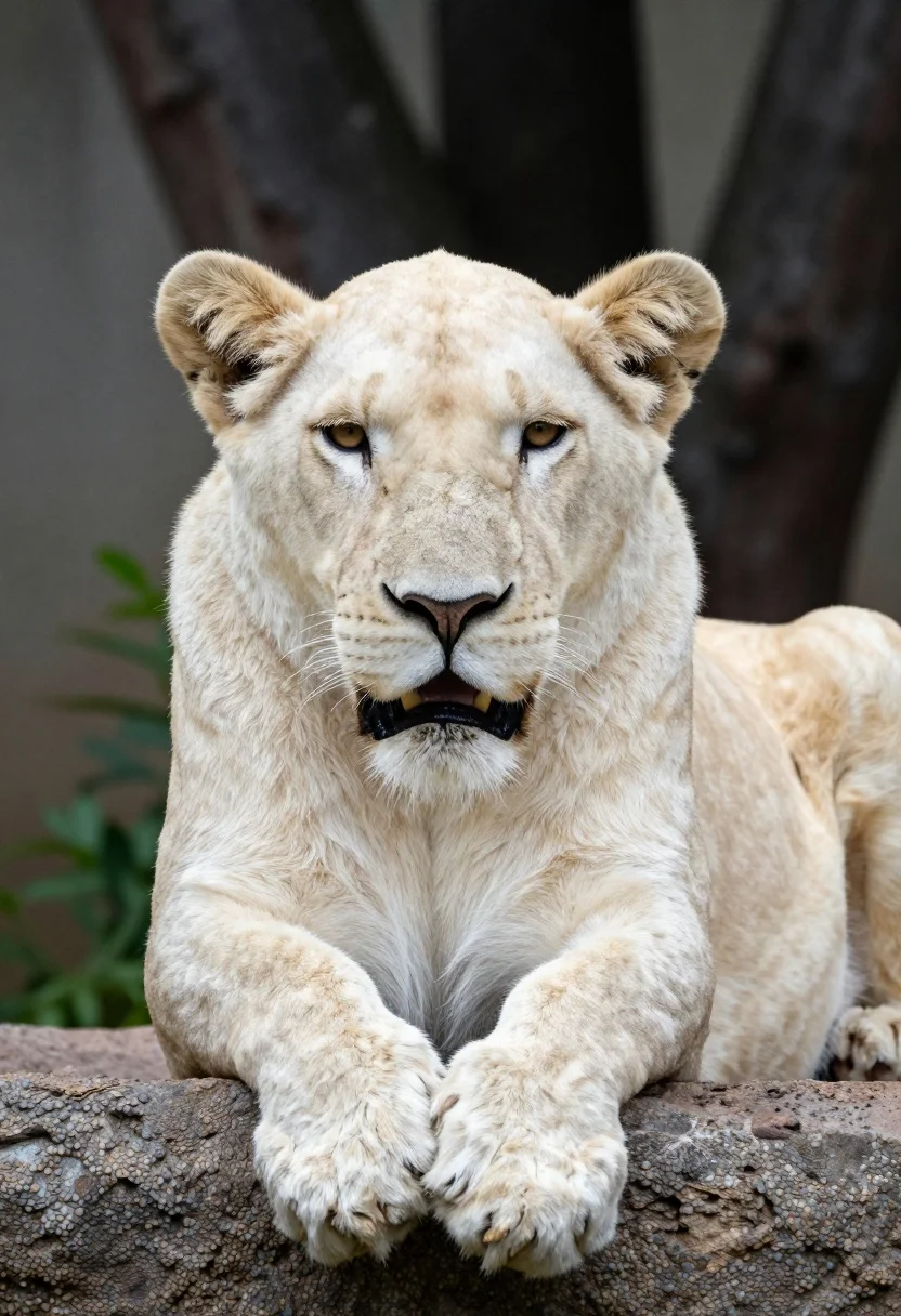 Majestic White Lioness Rests With Her Front Paws Draped Over