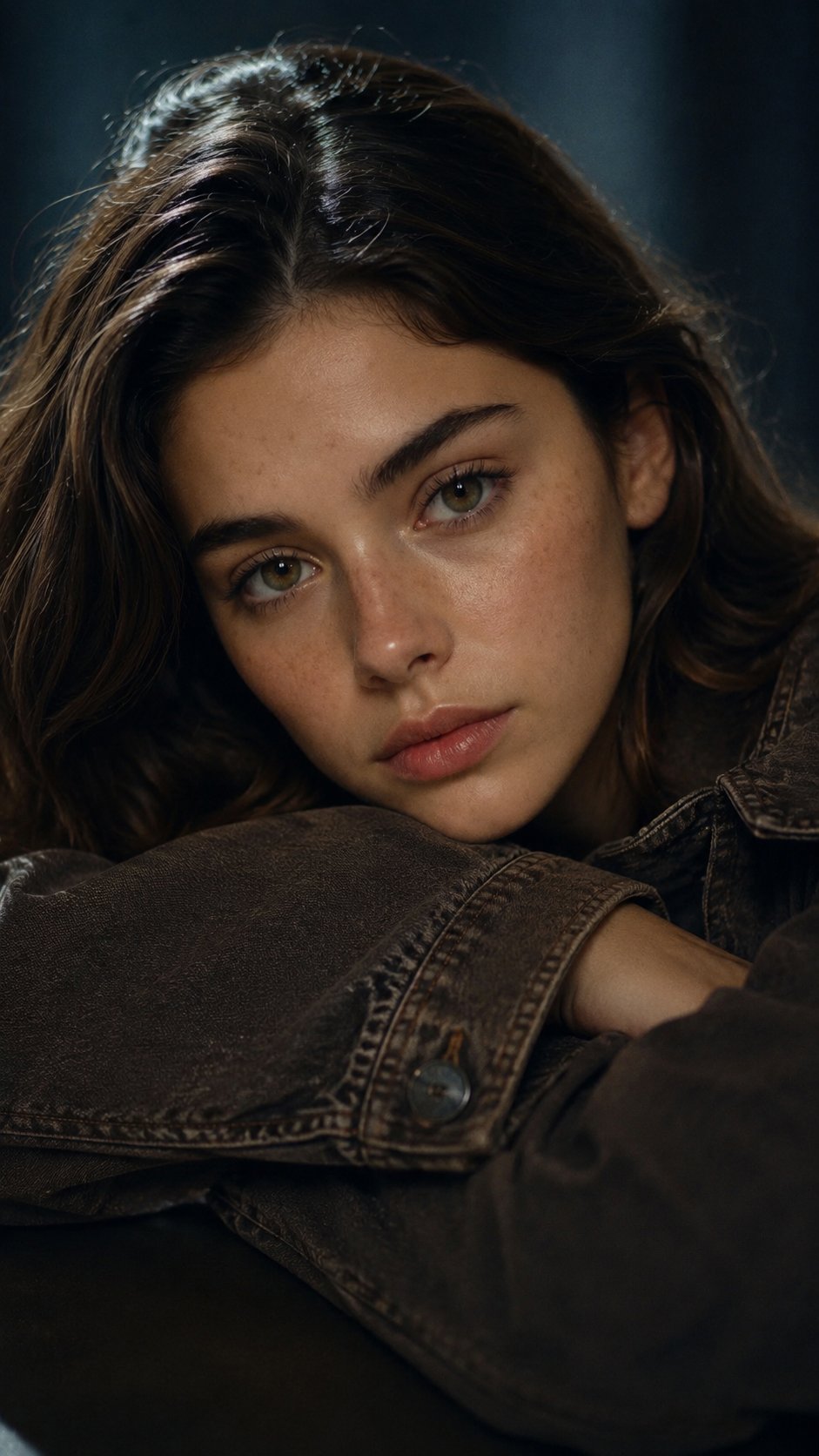 Ultra-realistic portrait of a woman resting her face on her arms in a dark denim jacket, softened lighting emphasizes her calm expression.