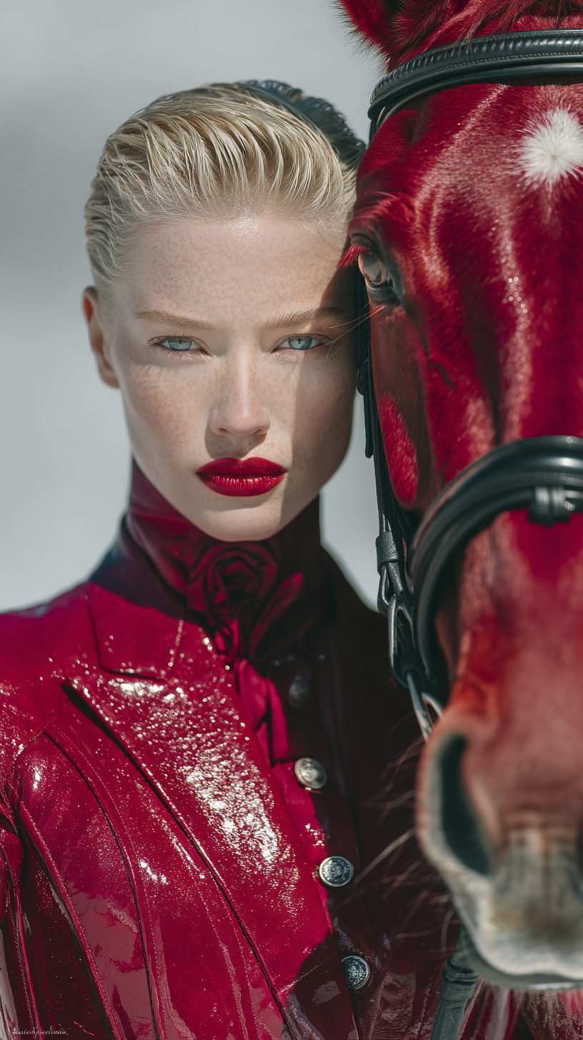 A woman in a bright acid-pink couture coat hugging a scarlet-red horse in a snowy background.