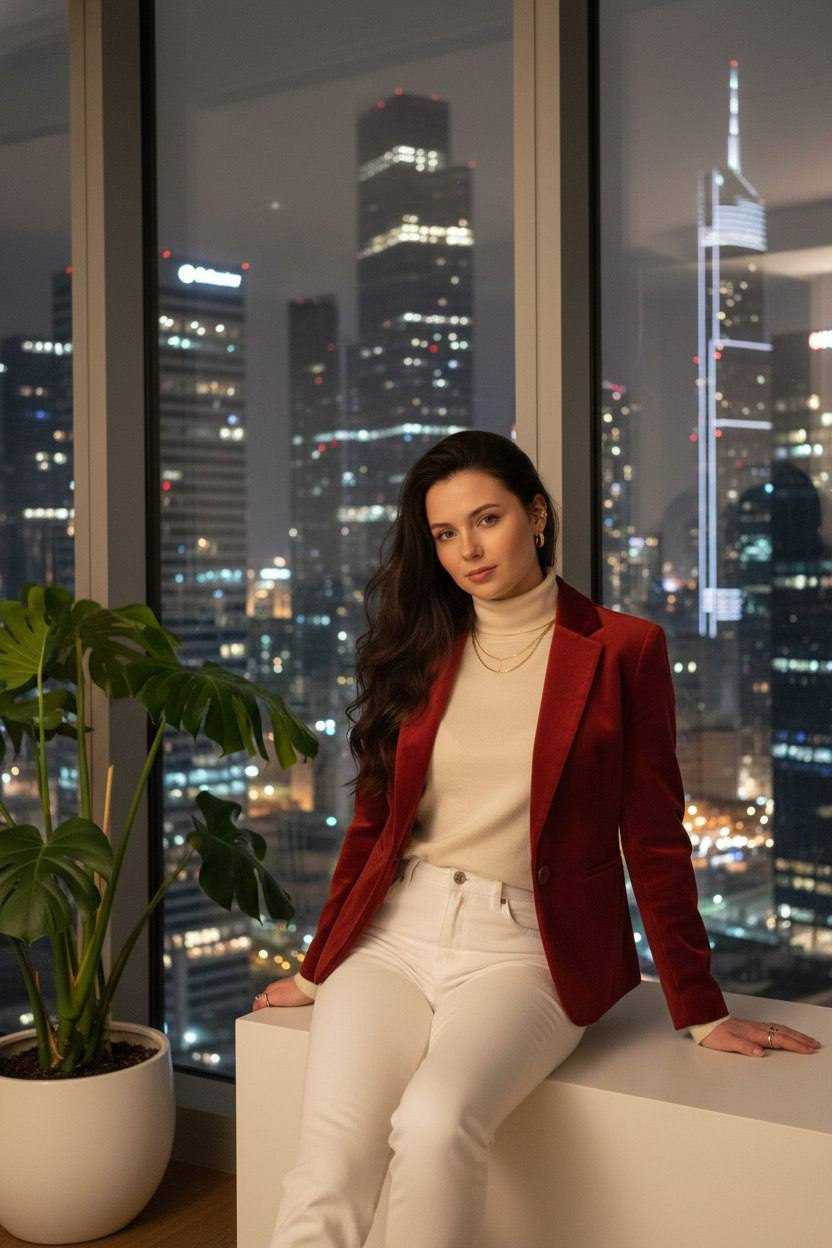 A woman in a red velvet blazer sits by a panoramic window, displaying a city skyline. She's wearing high-waisted jeans, with long hair swept to one side.