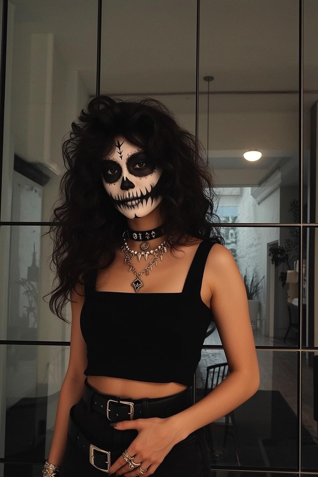 Halloween Makeup Skull Paint Long Dark Wavy