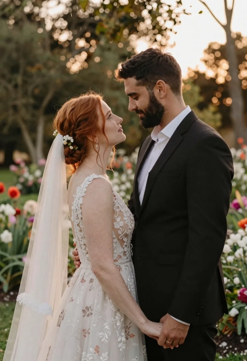 Romantic Outdoor Wedding Portrait Bride And Groom Intimate Garden Setting reference photo