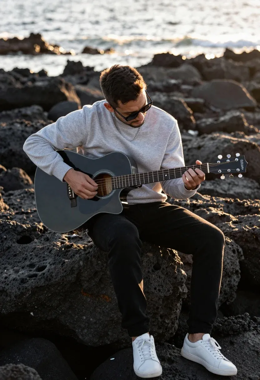 Man Sits Dark Rocks Playing Black Acoustic Guitar Outdoor Setting