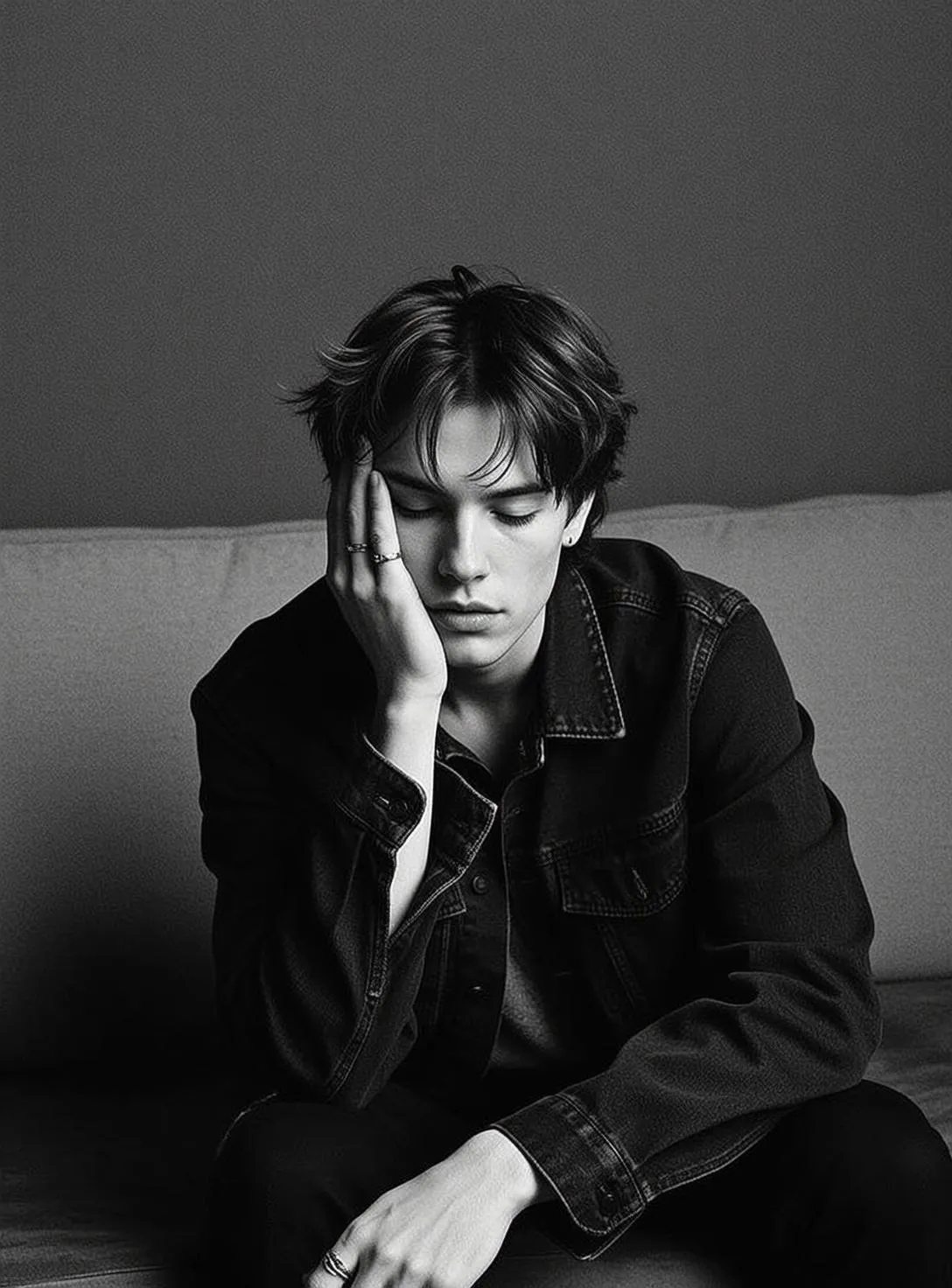 Black And White Medium Shot Portrait Young Man With Dark