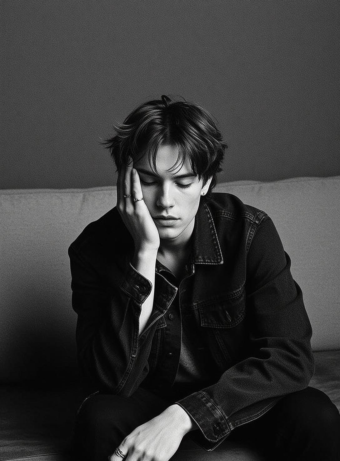 Black And White Medium Shot Portrait Young Man With Dark