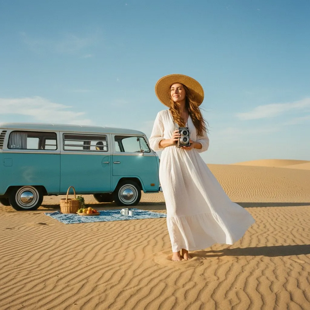 Desert Woman In White Linen Maxi Dress Vintage Camera Camper