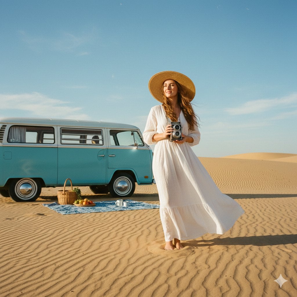 Desert Woman In White Linen Maxi Dress Vintage Camera Camper