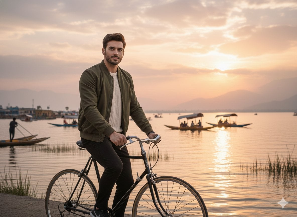 Riding Bicycle Dal Lake Sunset Golden Hour