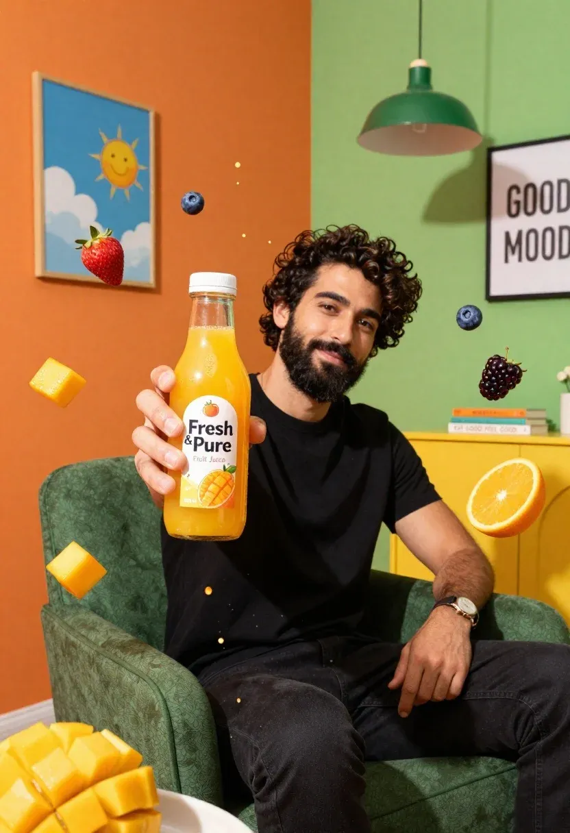 Man With Dark Curly Hair And Beard Sits Green Armchair