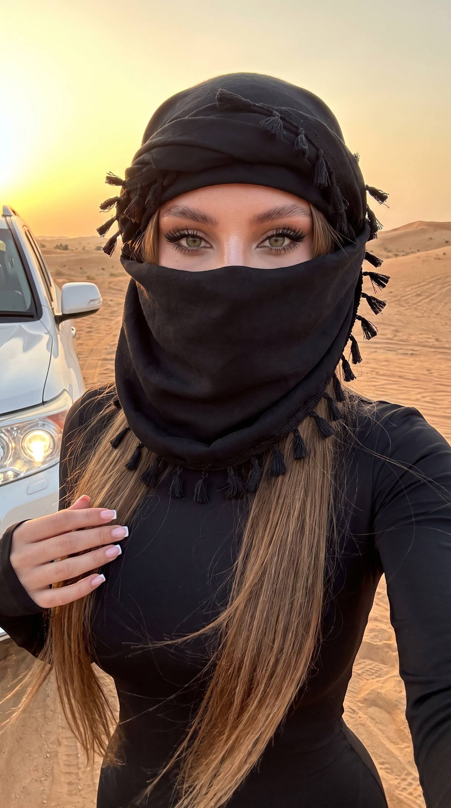 Desert Sunset Selfie Expressive Eyes Black Scarf