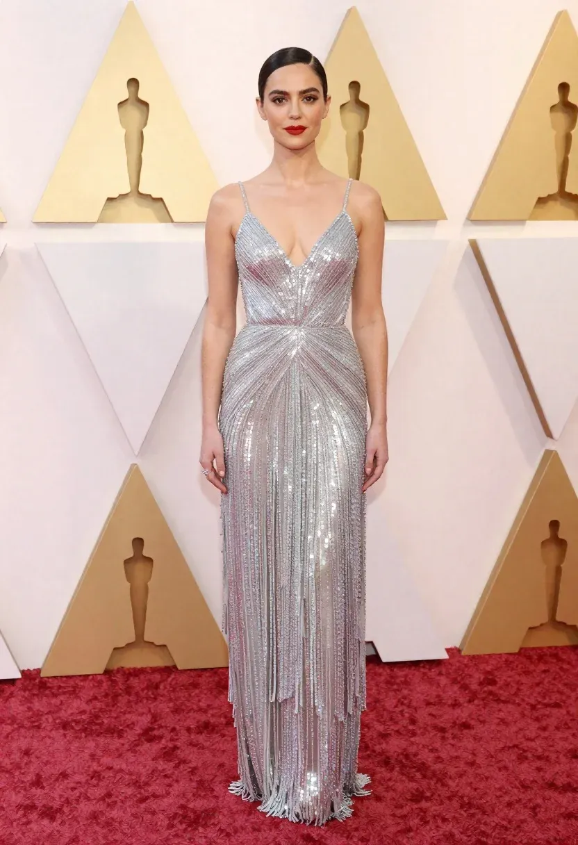 Full-length Portrait Woman Standing Confidently Red Carpet Front White Backdrop