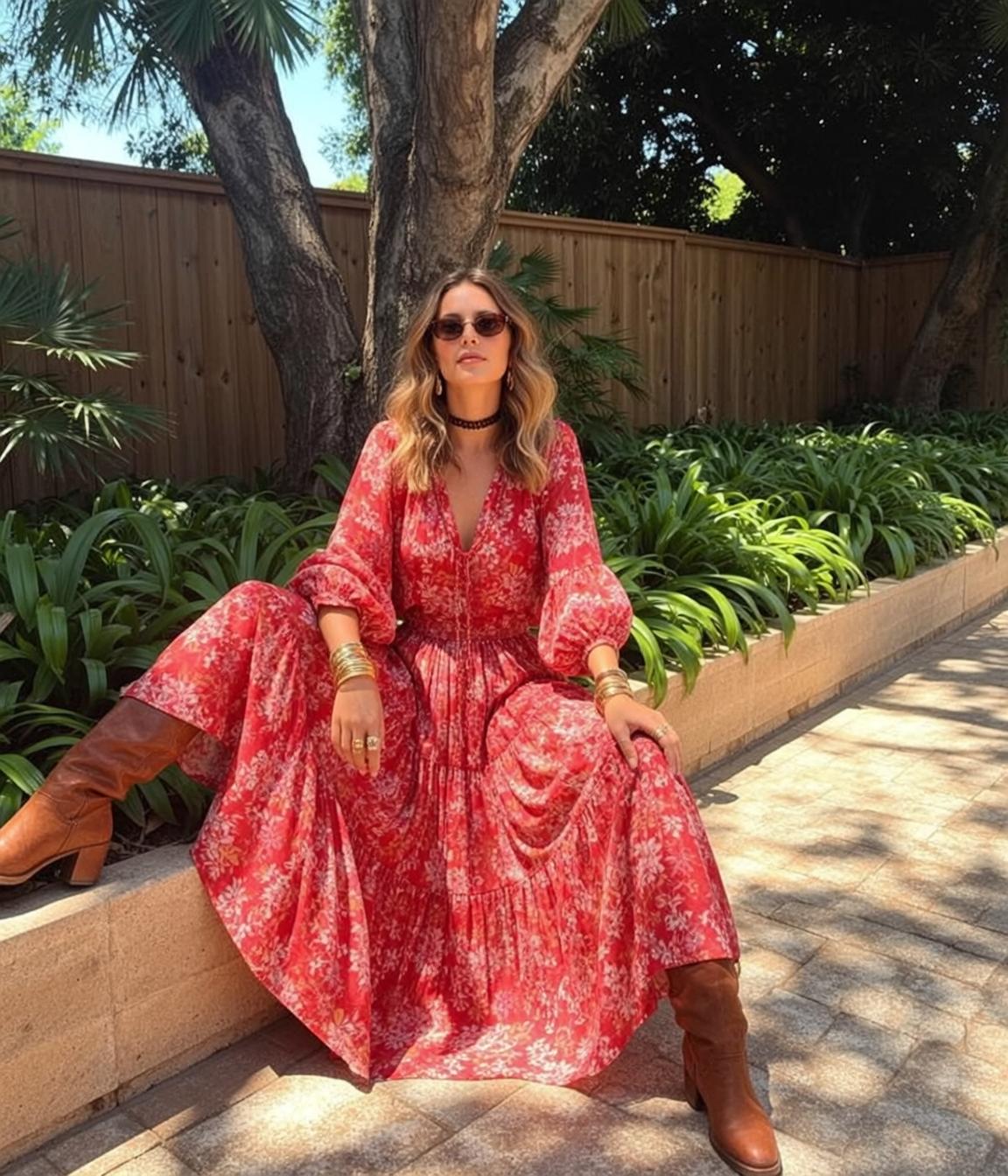 Floral Dress Garden Sitting Pose