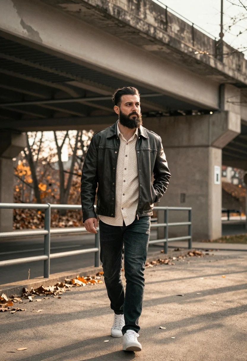 Man Stands Confidently Urban Outdoor Setting Beneath Weathered Concrete Overpass