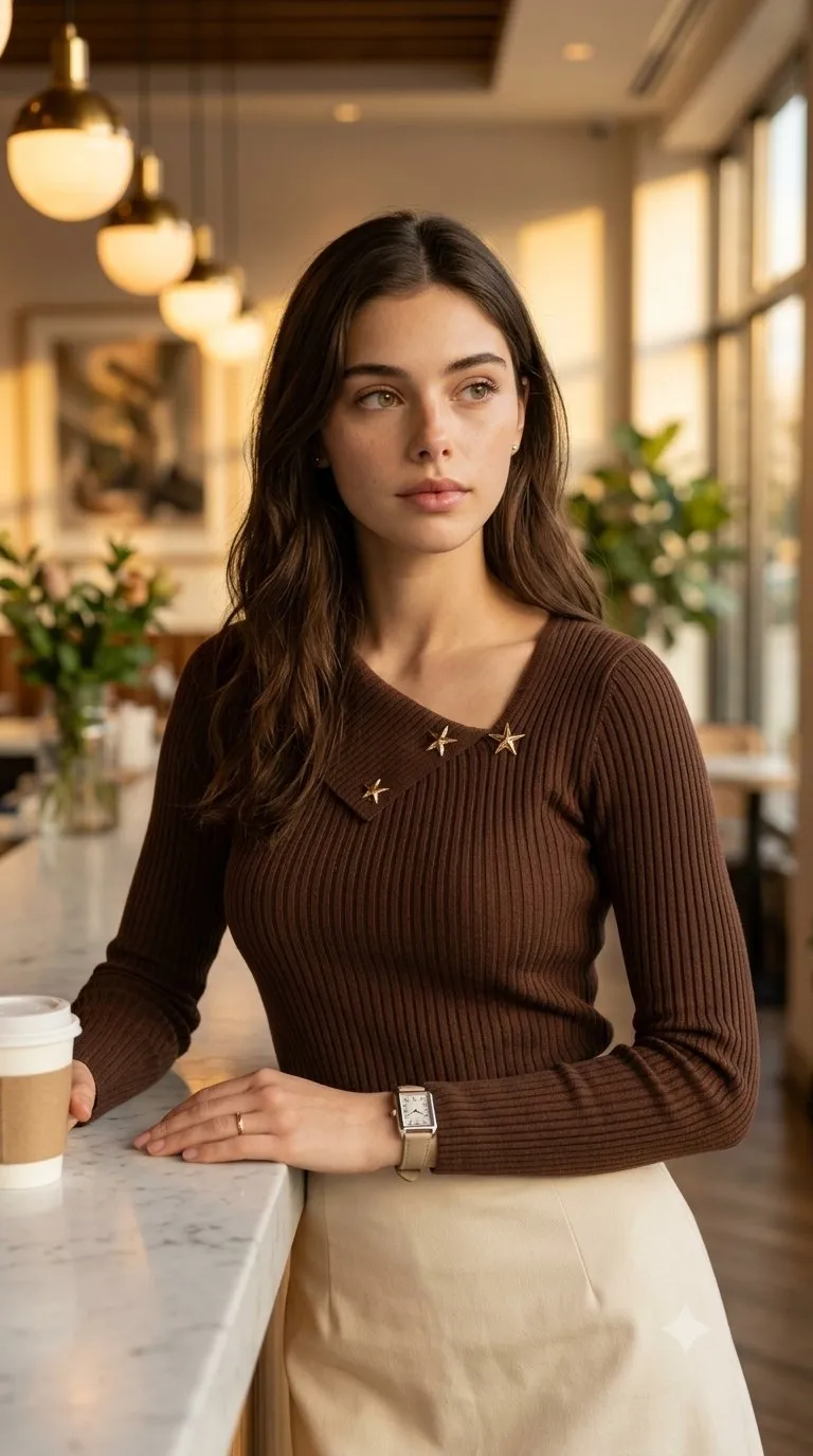 Wristwatch With Brown Sweater At Modern Coffee Shop