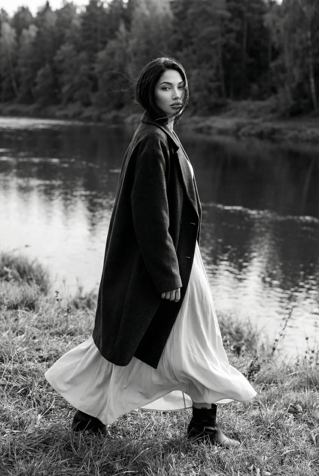 Walking River Forest Black White Cinematic