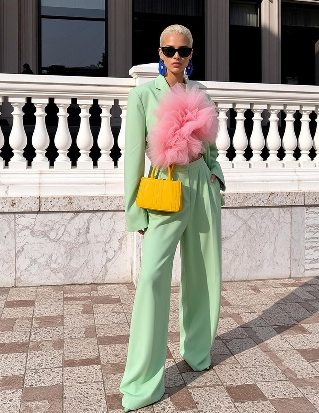 Pastel Green Blazer Pink Tulle Yellow Bag