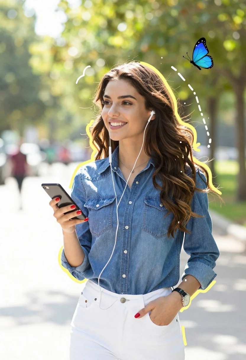Smiling young woman with long wavy brown hair standing outdoors, wearing headphones, with a colorful illustrated overlay.