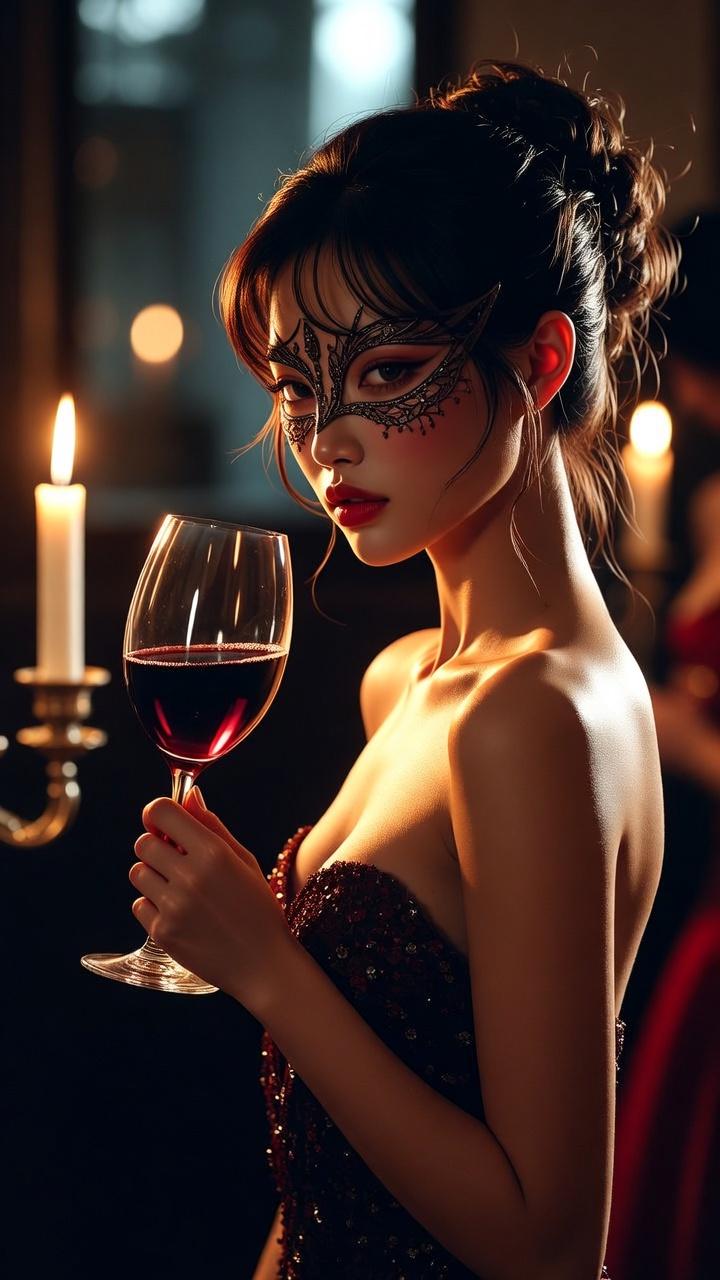 Sequined Gown Holding Wine Glass Low Key Lighting