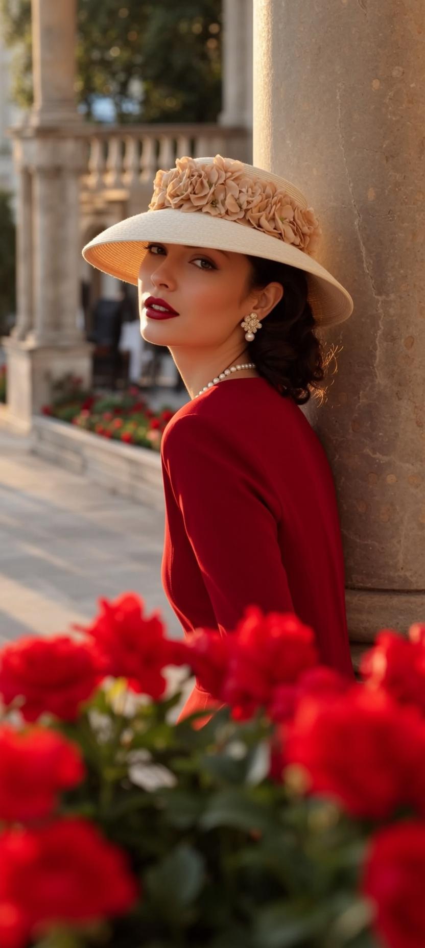 Red Dress Straw Hat Stone Pillar Sultry Gaze