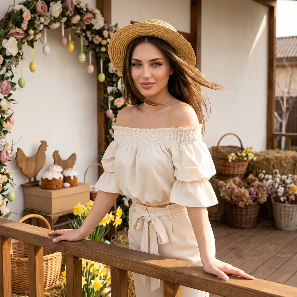 Farmhouse Veranda Straw Hat Off Shoulder Top Pose