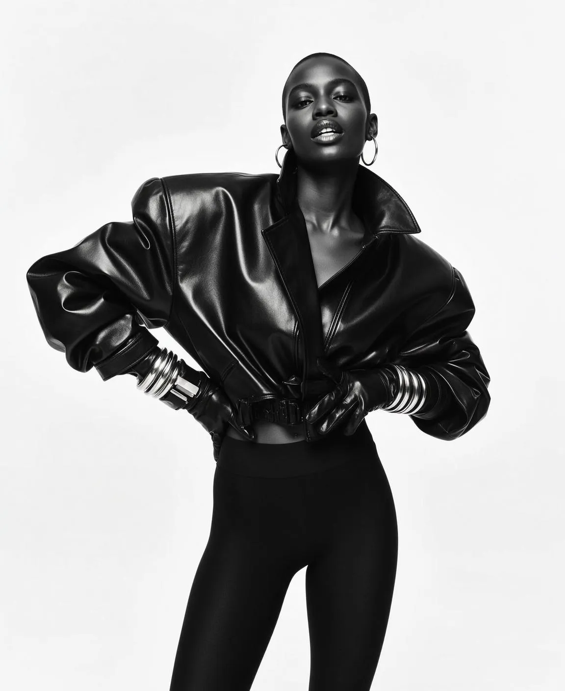 Earrings And Bracelets With Glossy Black Leather Jacket
