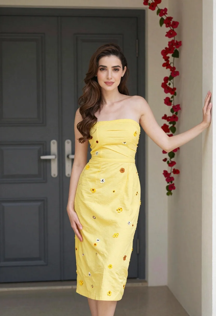 Woman Stands Poised Pose Wearing Strapless Yellow Dress With Floral reference photo