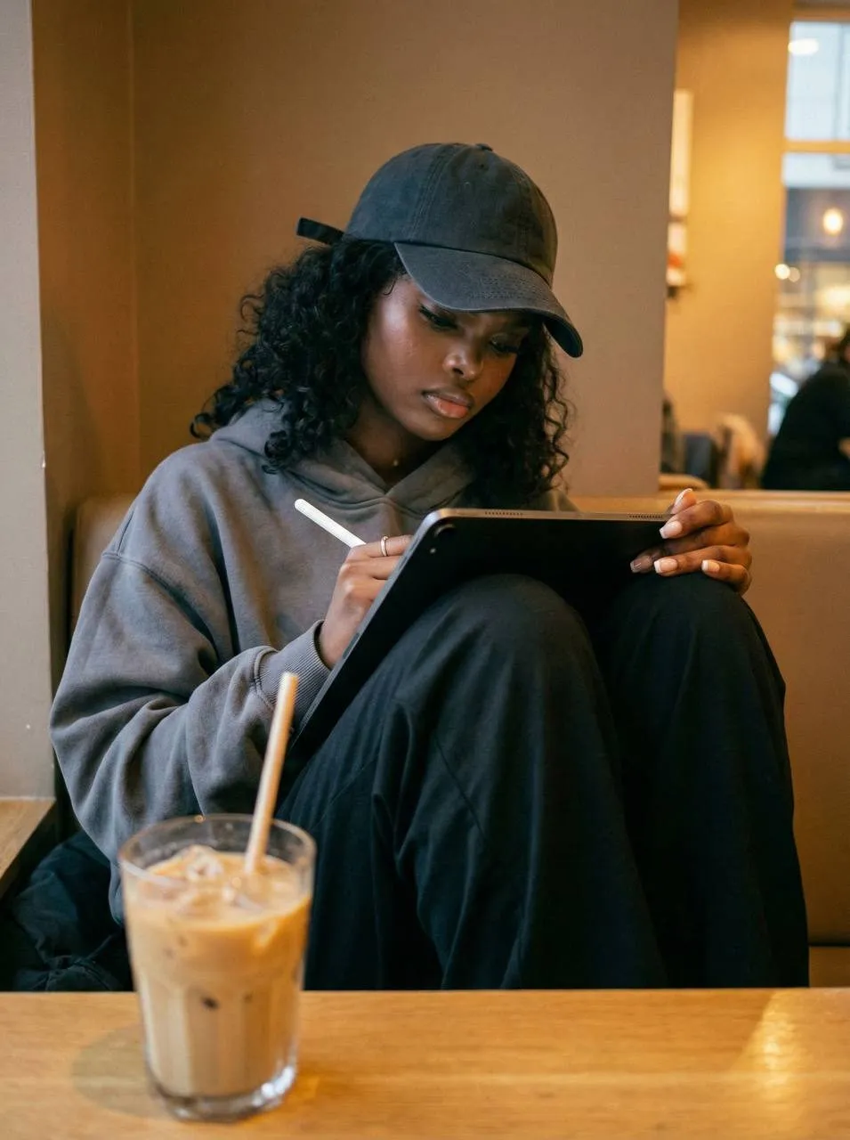 Realistic Cafe Candid Girl Writing Ipad