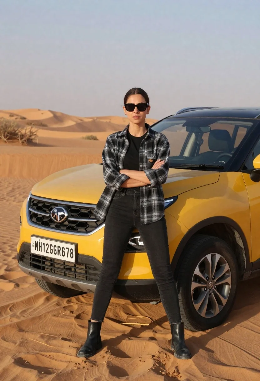 Confident Woman Stands With Arms Crossed Front Yellow Suv Parked