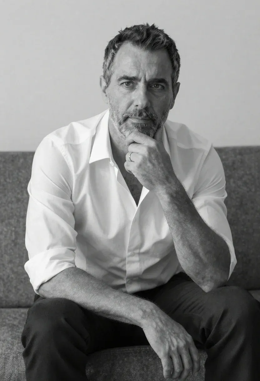 Medium And Scene Black-and-white Portrait Man Sitting Couch Indoor Setting