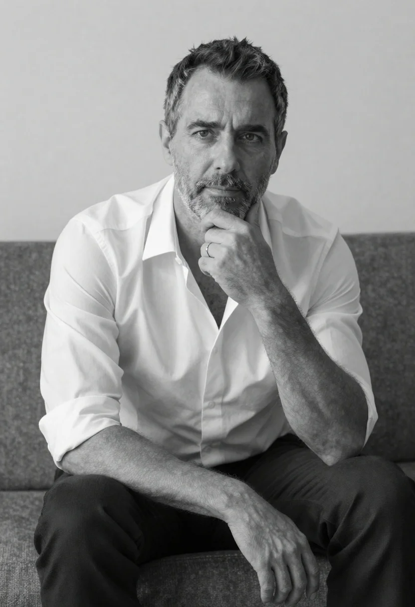 Medium And Scene Black-and-white Portrait Man Sitting Couch Indoor Setting reference photo