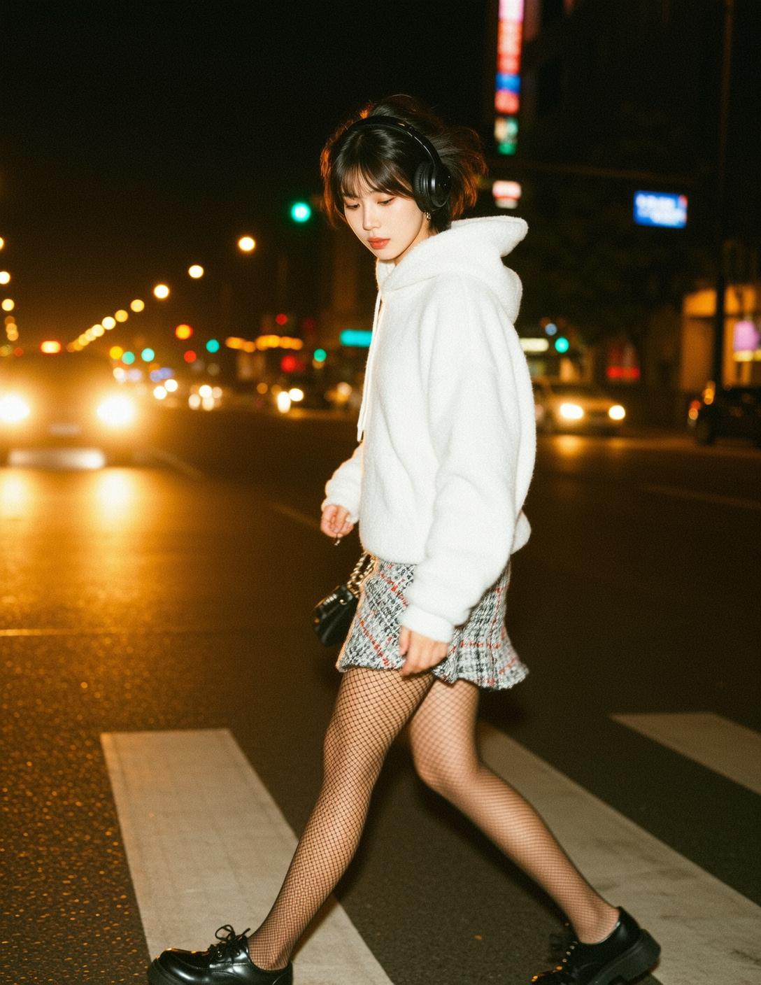 Explore Young Captured Mid-stride Crossing Street Night