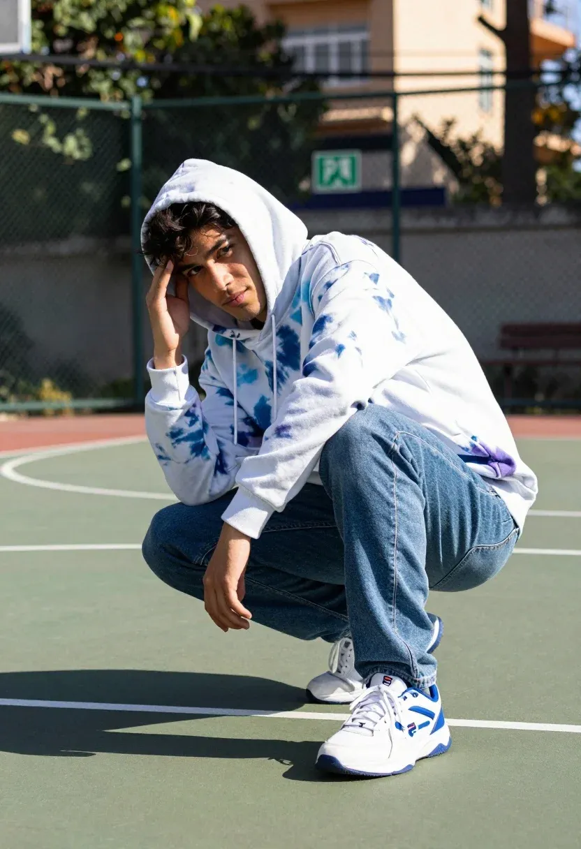 Young Man Crouching Dynamic Pose Outdoor Basketball Court Subject Young