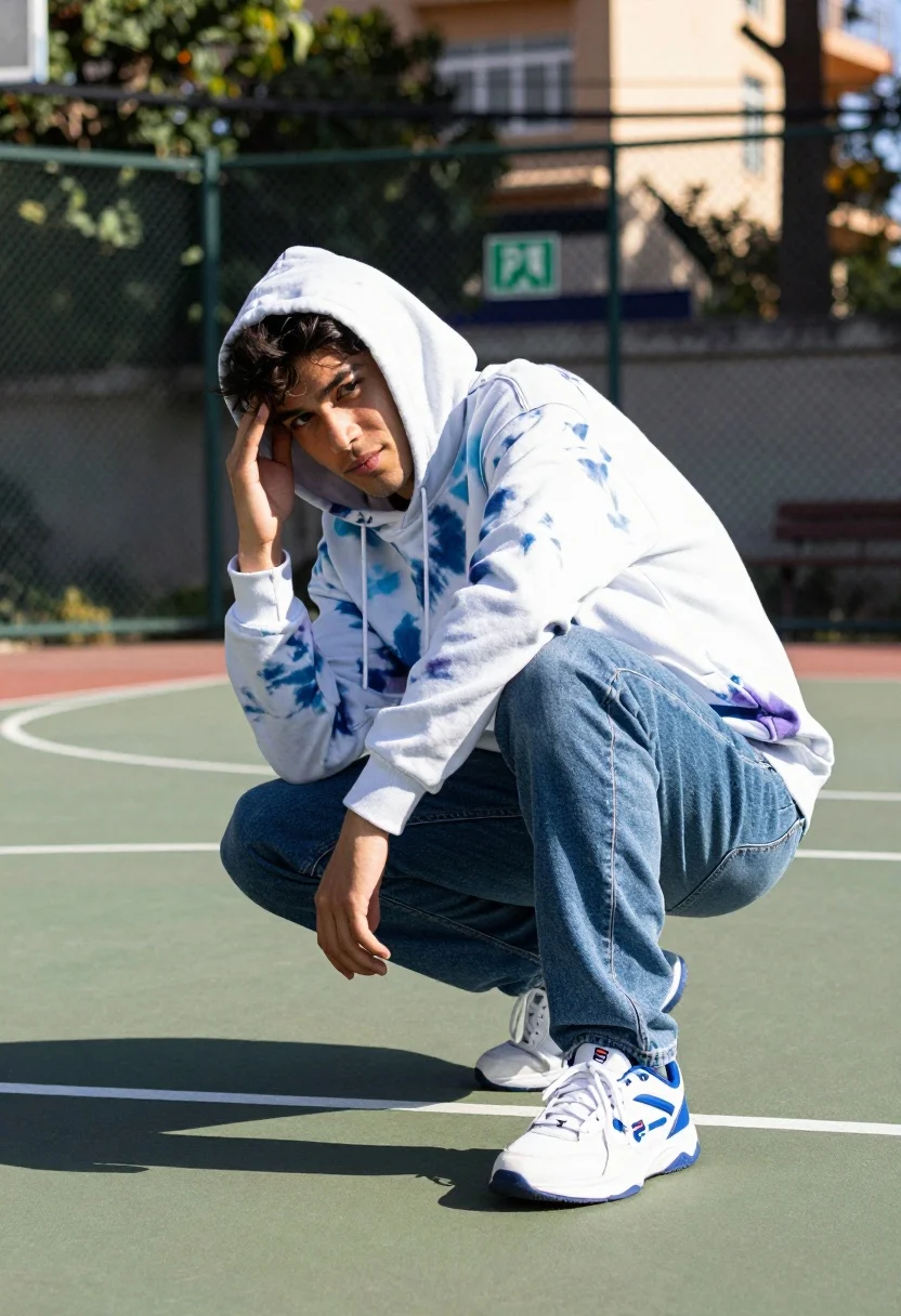 Young Man Crouching Dynamic Pose Outdoor Basketball Court Subject Young