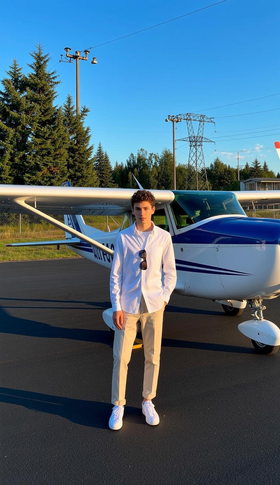 Young Curly Brown Fair White Button-up Shirt