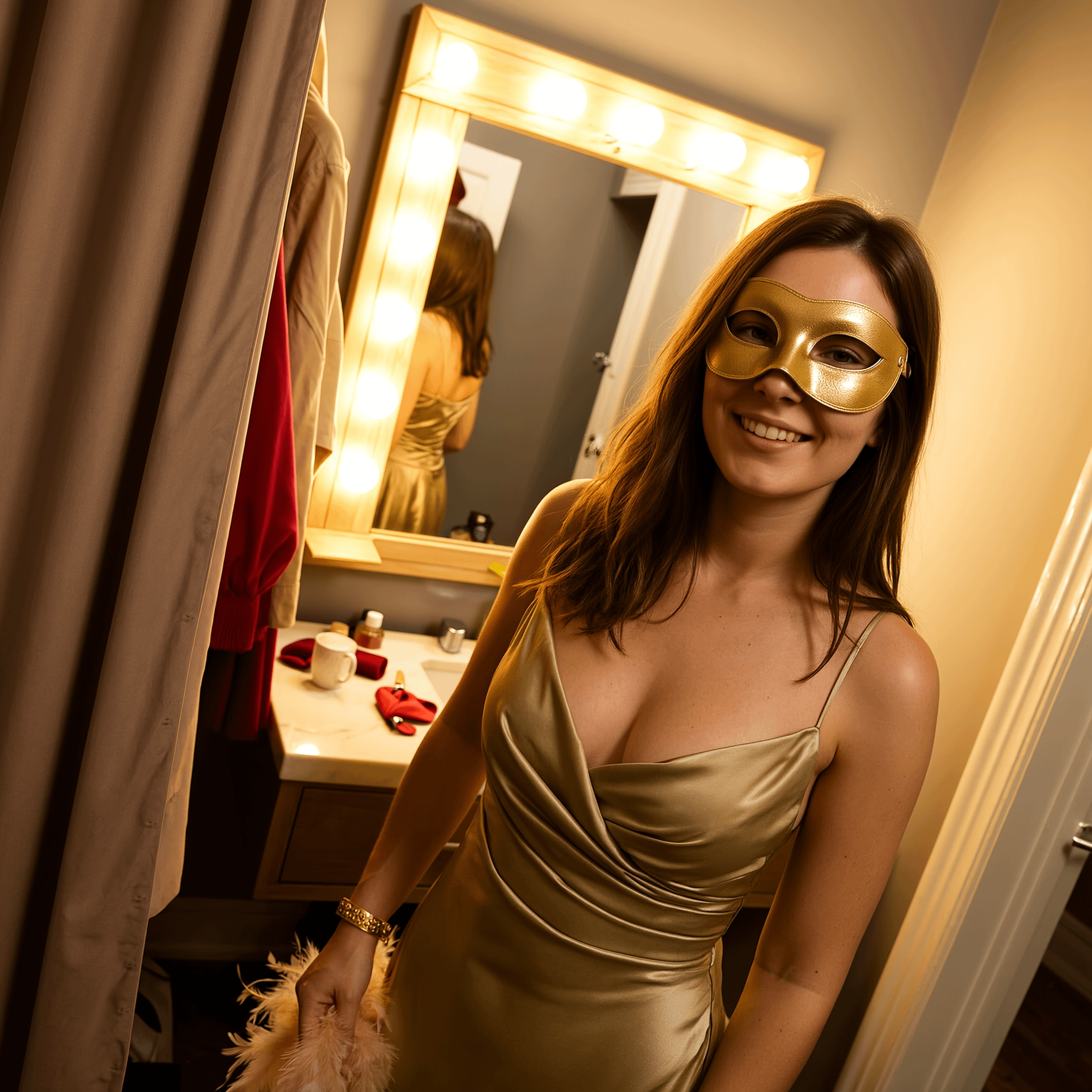 Dressing Room Portrait Shimmering Gold Slip Dress Masquerade Mask