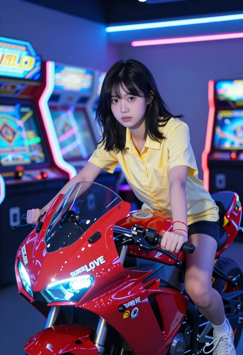 A young woman poses elegantly on a glossy red arcade motorcycle, bathed in vibrant neon lights.